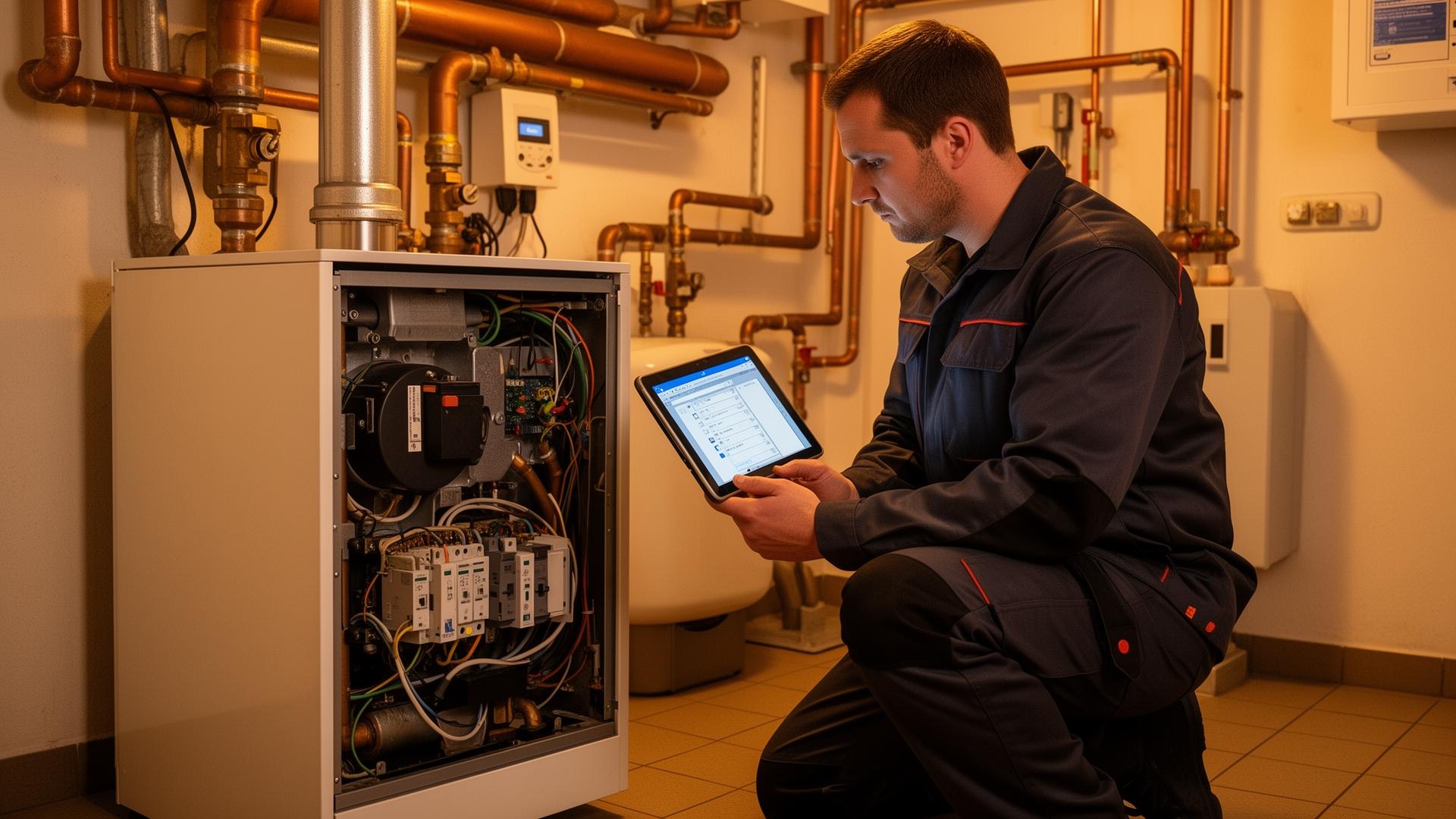 Techniker prüft Heizungsanlage mit Diagnose-Tablet