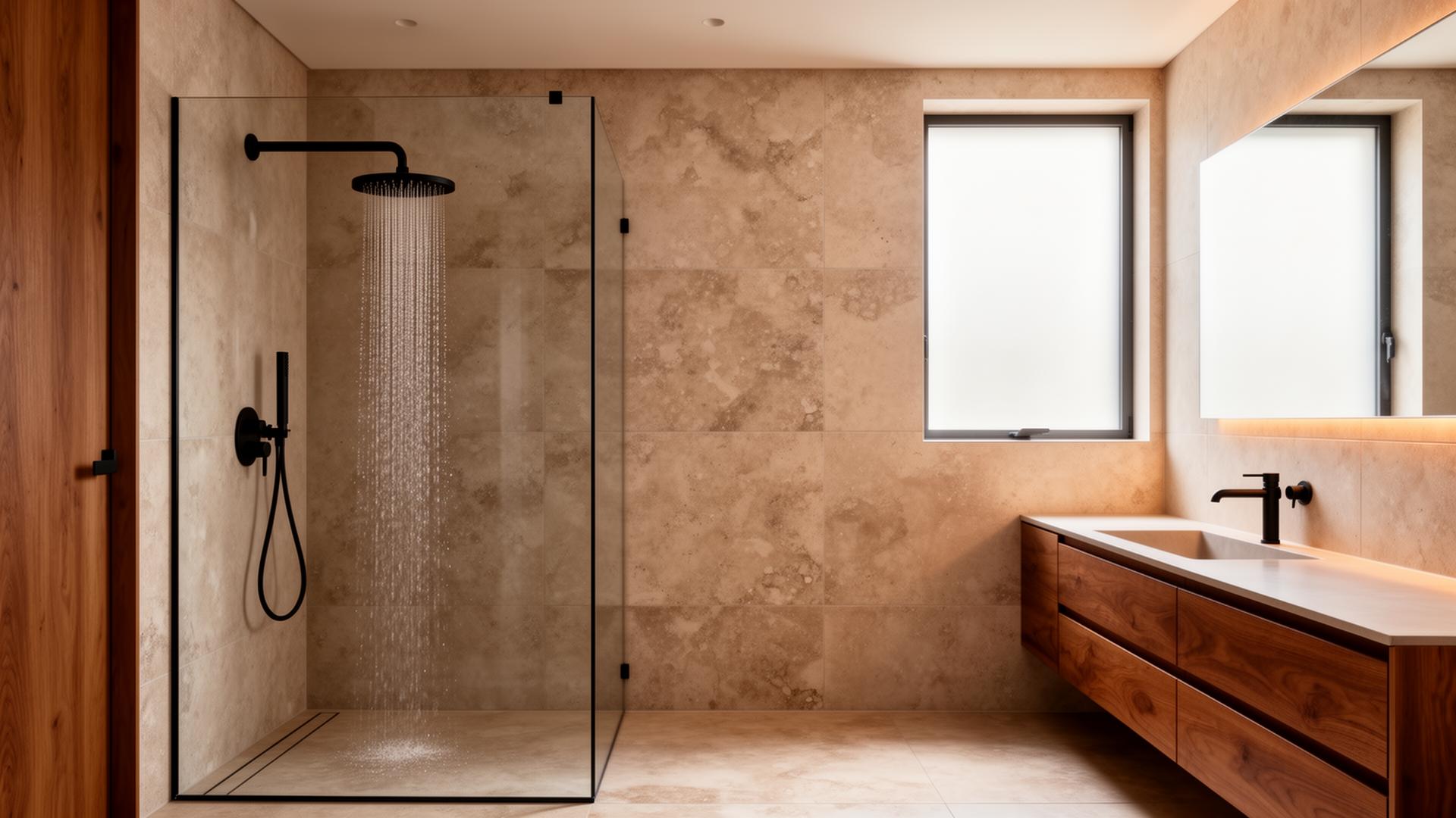 Walk-in-Dusche mit Naturstein-Optik und mattschwarzen Armaturen