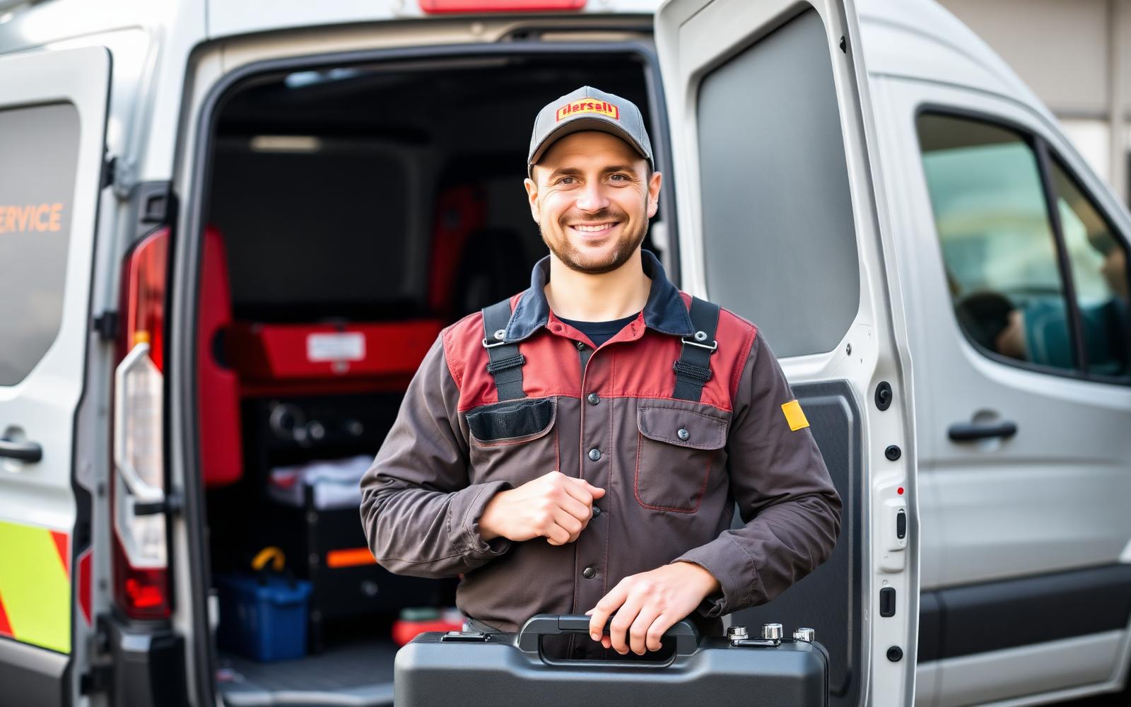 Service-Techniker mit Werkzeugkoffer vor Servicefahrzeug